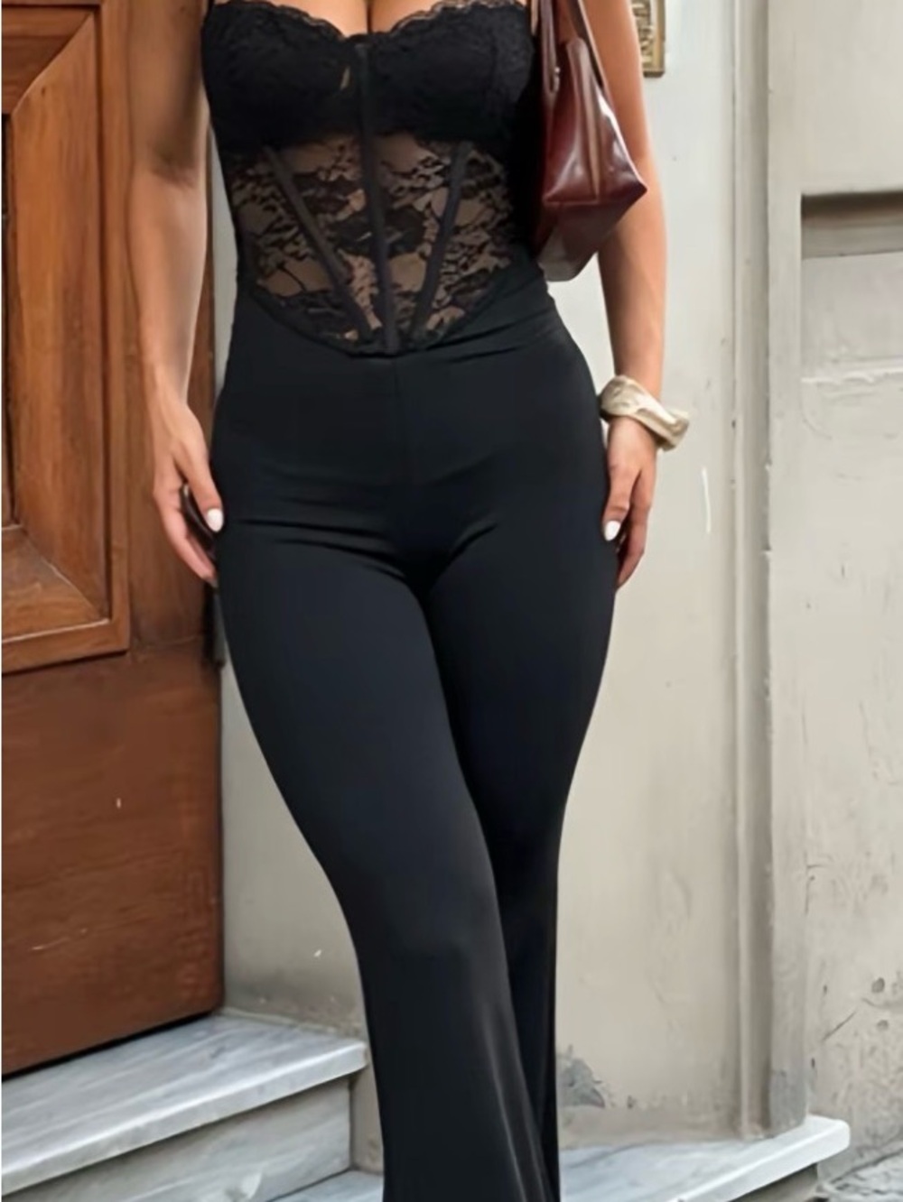 New Black Lace Bustier Jumpsuit cat suit corset m lite flare leg pants outfit - Picture 2 of 5